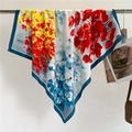 Detail of 90cm silk scarf with vibrant floral print and elegant navy blue border finish - Blue Border Tricolor Floral (FV5-1)