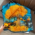 Sciarpa in seta blu e oro con motivi di albero della fortuna e cervi per donna - 70x70cm / Albero dei Soldi Blu Oro (FJX6-1)