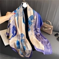 Blue and purple abstract floral large silk scarf shawl with glossy pearl texture - 110X110CM / Abstract Blue Purple Floral (FE171-1)