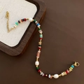 Kleurrijke natuursteen en parel ketting met gouden karabijnsluiting en verlengketting - Vintage Halfedelsteen Parel Kralen Armband (07-M3)