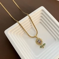 Golden sunflower pendant necklace with multi-color zircons and green gemstone leaves - Sunflower Style (1-4#20)