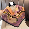 Elegant 90cm silk-feel square scarf featuring orange floral patterns on a lilac background - 90x90cm / Lilac Purple Orange Floral (FM298-1)