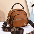 Brown litchi grain mini shoulder bag with patterned wide strap and gold hardware - Earthy Yellow