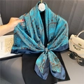 Blue paisley silk-like 110cm square scarf with retro brown pattern and satin finish - 110X110CM / Lake Blue Paisley Pattern (FE166-1)