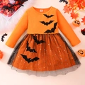 Detail of girl's Halloween dress with sequined stars, moons and black bat pattern mesh - 90cm / Orange