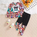 Girl's long sleeve sweatshirt and pants set with colorful leopard print and cartoon girl - 4Y / Colorful Leopard Girl Style (BYT9016)
