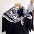 French style animal pattern silk scarf tied on a hanger over a black knitted shirt - Retro Navy Blue (FR38-4)
