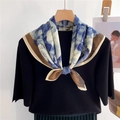 Elegant floral square neck scarf in blue and brown silk texture on black top - Blue White Floral Style (FR43-2)