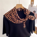 Geometric maze pattern silk scarf in orange and black styled on a black sweater - 68*68cm / Orange and Black Geometric Pattern (FR41-1)