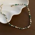 Green stone and freshwater pearl beaded necklace with gold-plated adjustable clasp on tray - Green Malachite Look and Irregular Pearl Necklace (04-C8)