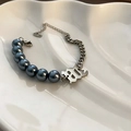 Titanium steel bracelet featuring grey pearls, curb chain and gothic number 912 pendant - Hip Hop Pearl Bracelet (02-K25)