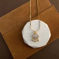 Golden titanium steel lock necklace featuring white shell inlay and three bead charms - Gold (Copper Pendant)