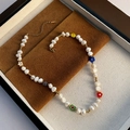 Baroque pearl necklace with colorful resin flower beads and adjustable gold clasp - Natural Pearl Colorful Flower Style (1-3-8)