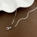 Silver snake chain necklace with a heart-shaped red zircon pendant and diamond halo - Red Zircon Necklace-Silver(379#XK)