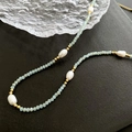 Beaded necklace with light blue stones, freshwater pearls and gold accents - Natural Green Beaded Style (02-B11)