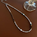 Colorful natural stone beaded necklace with pearls and blue accents on leather background - Imitation Pearl Beaded Style (577#XK)