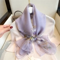 Elegant purple floral silk shawl draped over a beige knit sweater in a luxury setting - 125*180cm / Purple Print (YRS58-1)