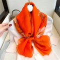 Large bright orange silk shawl with elegant white flower prints tied in a bow - 125*180cm / Vivid Orange Print (YRS58-2)