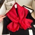 Detailed close-up of red rose floral line art on luxury lightweight silk chiffon shawl - Red Base Black Flowers (YRS32-3)