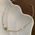 Handmade beaded necklace with green faceted beads and white freshwater pearls - Grass Green Faceted Bead Artificial Pearl Style (XK-127)