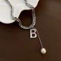 Silver chunky chain necklace featuring a 'B' letter pendant and hanging pearl detail - Letter B Pendant Style (04-B1)