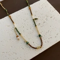 Retro ethnic pearl beaded necklace with dark green and brown beads on a stone base - New Chinese Style Retro Beaded Choker (03-I8) / Dark Green/Brown/Gold/White