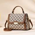 Bolso de mano retro para mujer con diseño de cuadros, ribete de cuero marrón y cremalleras - 24cm x 18cm x 12cm / Caqui Grande