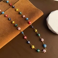 Bunte Evil-Eye-Halskette mit Blumenperlen und goldenem Finish mit Emaille-Blüten - Bunte Halskette (03-F16)