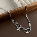 Collana multistrato in acciaio al titanio argento con ciondolo a stella e catena clip - Collana Splicing con Fibbia a Naso di Maiale Stella Argento (03-G17)