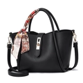 Black litchi leather tote bag with silk scarf handle and golden twist lock - Black
