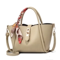Beige pebble leather tote bag with elegant silk scarf and gold lock hardware detail - Khaki