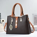 Classic dark brown monogram tote bag with caramel leather straps and pearl leaf charm - Coffee & Yellow