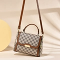 Bolso retro beige a cuadros con ribete de imitación de cuero marrón y correa de hombro - 22cm x 17cm x 11cm / Caqui Pequeño
