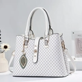 Chic cream white handbag with monogram pattern, leaf charm and adjustable strap - White