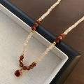 Natural stone beaded necklace with orange sandstone beads and a red square pendant - Natural Stone Necklace (06-M18)