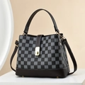 Fashion checkered bucket bag with HYD monogram print and brown leather trim detailing - Black Lattice