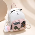 Mini cartoon bear backpack in pink and white faux leather with plush ball charm - L / Pink