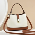 Litchi pattern leather bucket bag in beige and brown contrast with golden buckle - Off-white