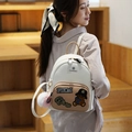 Mini white and beige faux leather backpack for women with cartoon bear and plush charm - S / Khaki