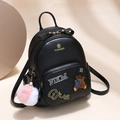 Mini black PU leather backpack with gold logo, teddy bear embroidery and pink pompom charm - L / Black