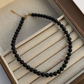 Light luxury black bead necklace with 6-8mm round beads and gold metal clasp - L / Black