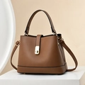 Brown litchi grain leather bucket bag with gold metal twist lock and top handle - Khaki