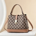 Brown checkered handbag with gold hardware and removable shoulder strap - Checkered Khaki