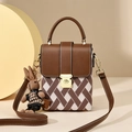 Brown and cream plaid phone bag with cute bunny pendant and adjustable shoulder strap - Brown