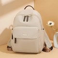Zaino in oxford beige da donna con rifiniture in similpelle marrone e logo in metallo - Grande / Cachi