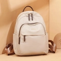 Fashionable beige oxford fabric backpack with brown leather straps and gold metal zippers - Khaki