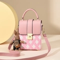 Pink patchwork crossbody bag with plaid pattern, golden lock, and cute bunny charm - Pink