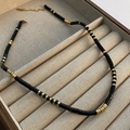 Minimalist obsidian beaded necklace featuring black round stones and gold spacers - Titanium Steel Obsidian Style (07-m8)