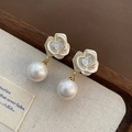 Elegantes pendientes de flor de rosa y perla con circón de corazón en acabado dorado lujoso - Pendiente de Rosa Chapado en Oro Real (2-4#23)