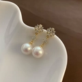 Sparkling snowflake rhinestone stud earrings with hanging white pearls on ceramic tray - Micro-pave Zircon Camellia Earrings (1-5#22)